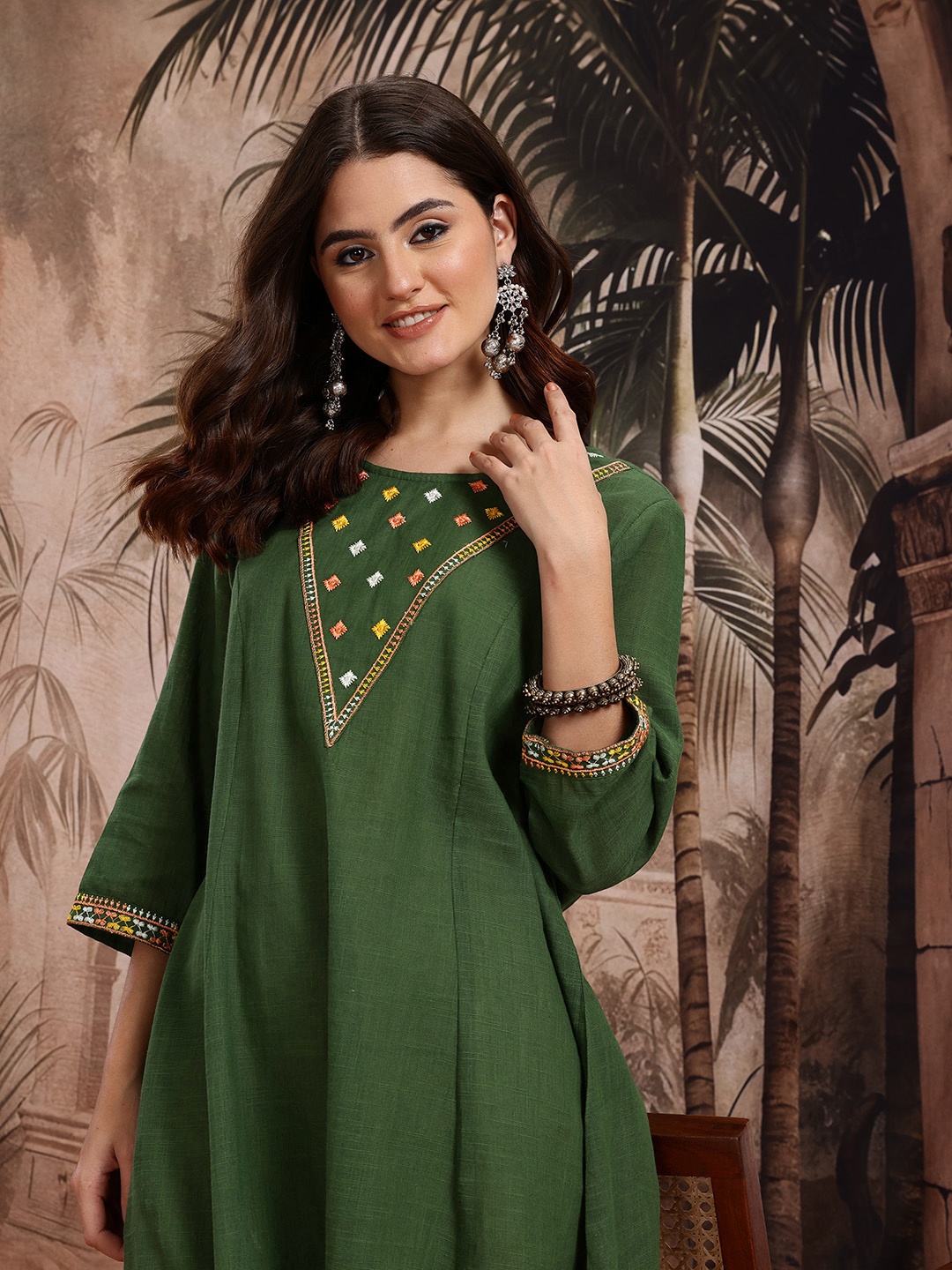 

Sangria Cotton Yoke Design A-Line Kurta, Green
