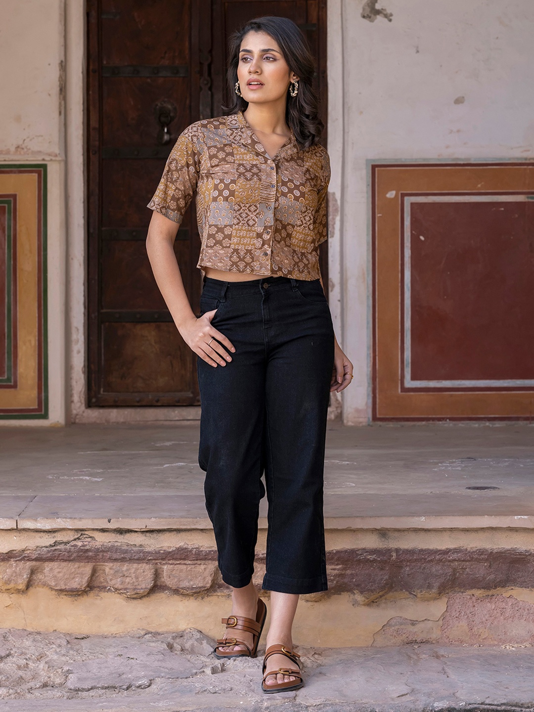 

BAESD Women Ethnic Motifs Printed Cotton Shirt Style Crop Top, Brown