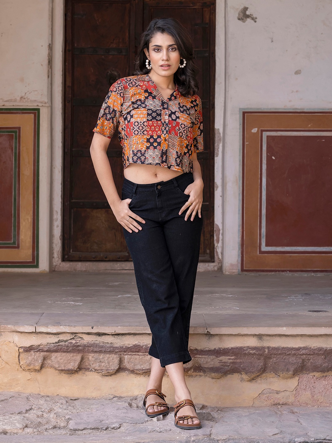 

BAESD Women Ethnic Printed Cotton Shirt Style Crop Top, Black