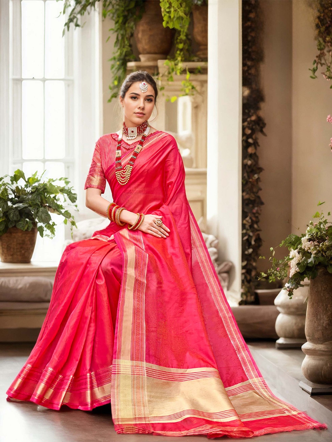 

Anouk Zari Organza Kasavu Saree, Pink