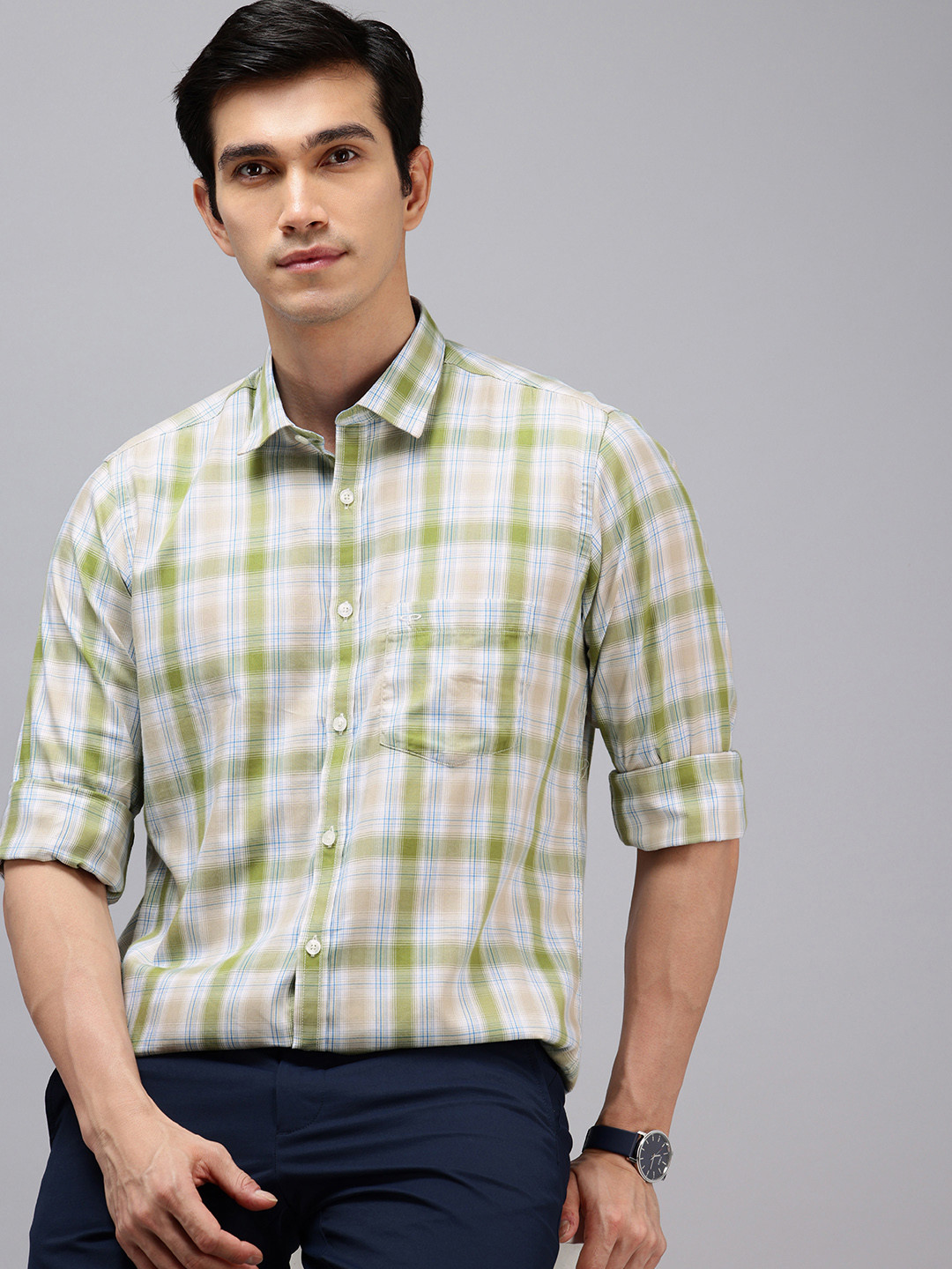 

ColorPlus Pure Cotton Tailored Fit Checked Casual Shirt, Green