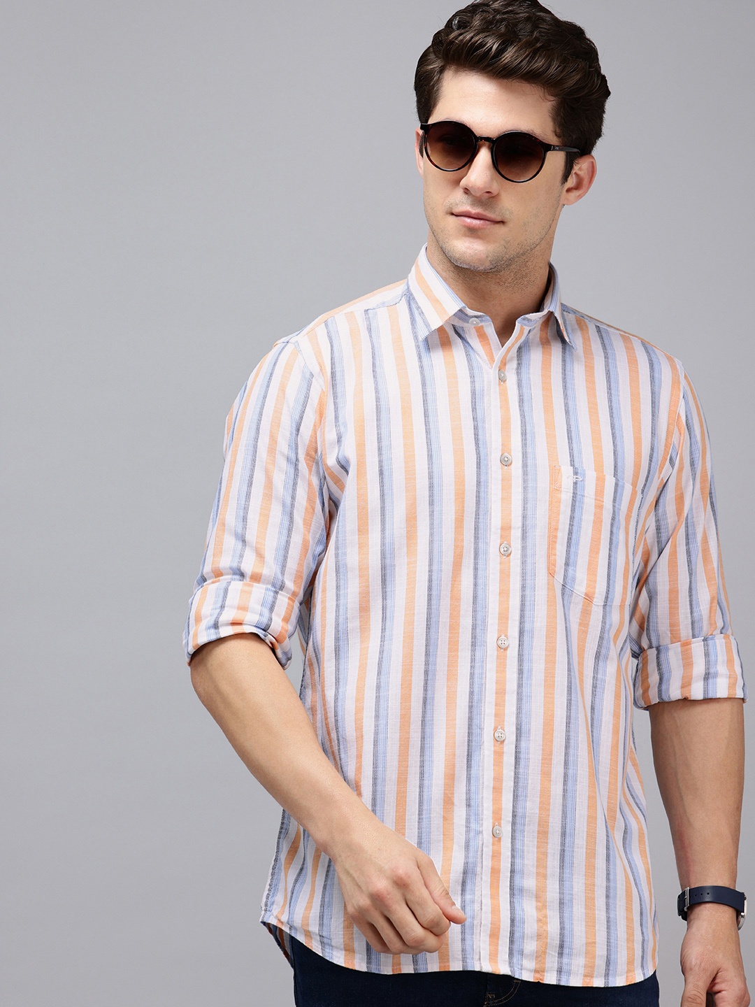 ColorPlus Pure Cotton Vertical Striped Casual Shirt, Blue