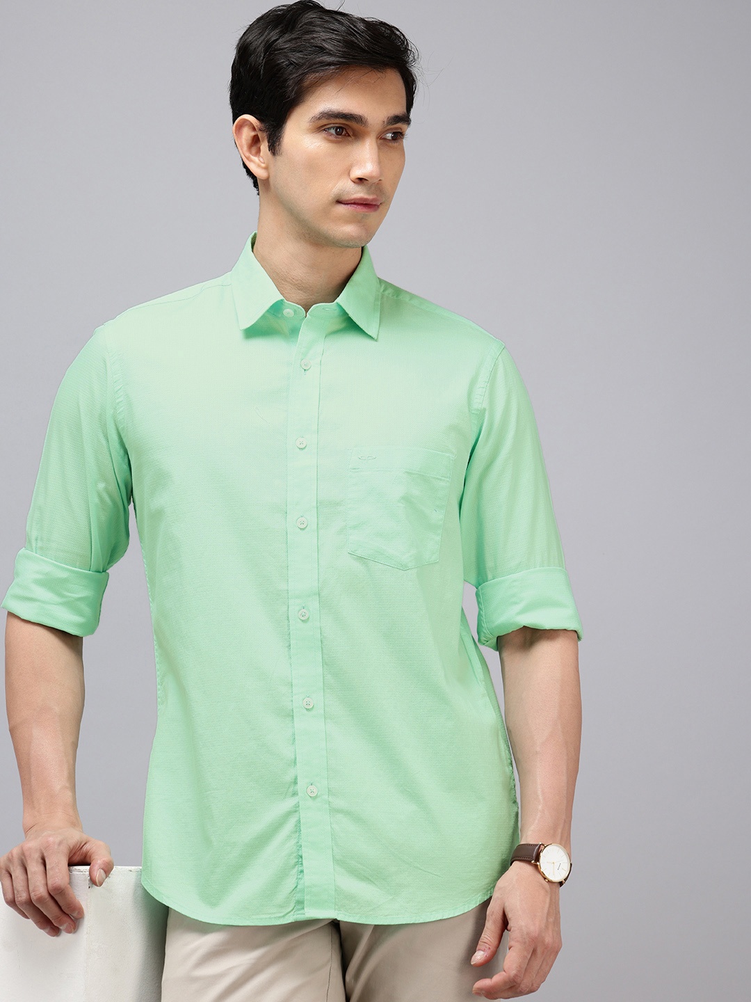 ColorPlus Pure Cotton Self Design Opaque Casual Shirt, Green
