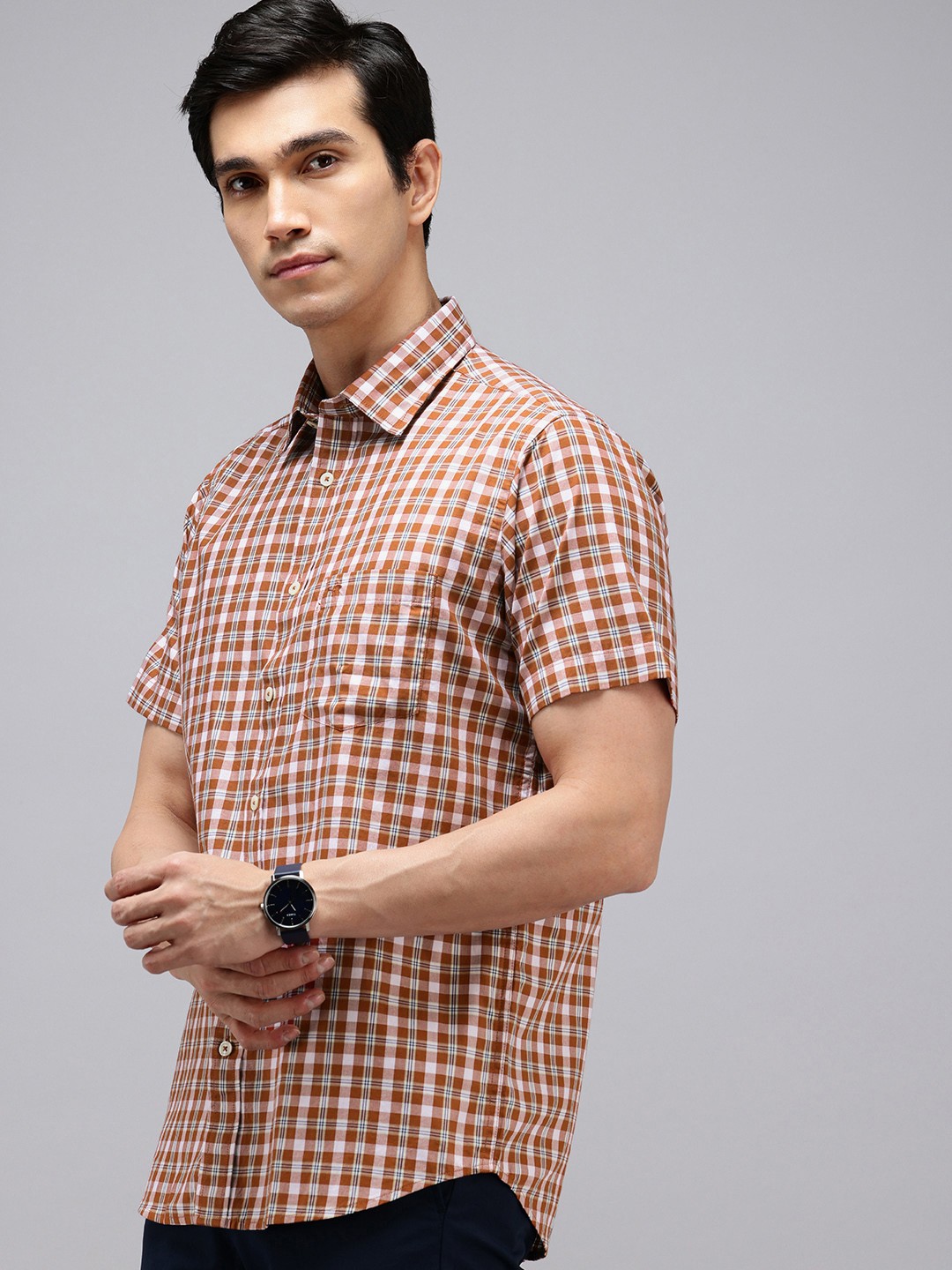 

ColorPlus Pure Cotton Checked Casual Shirt, Brown