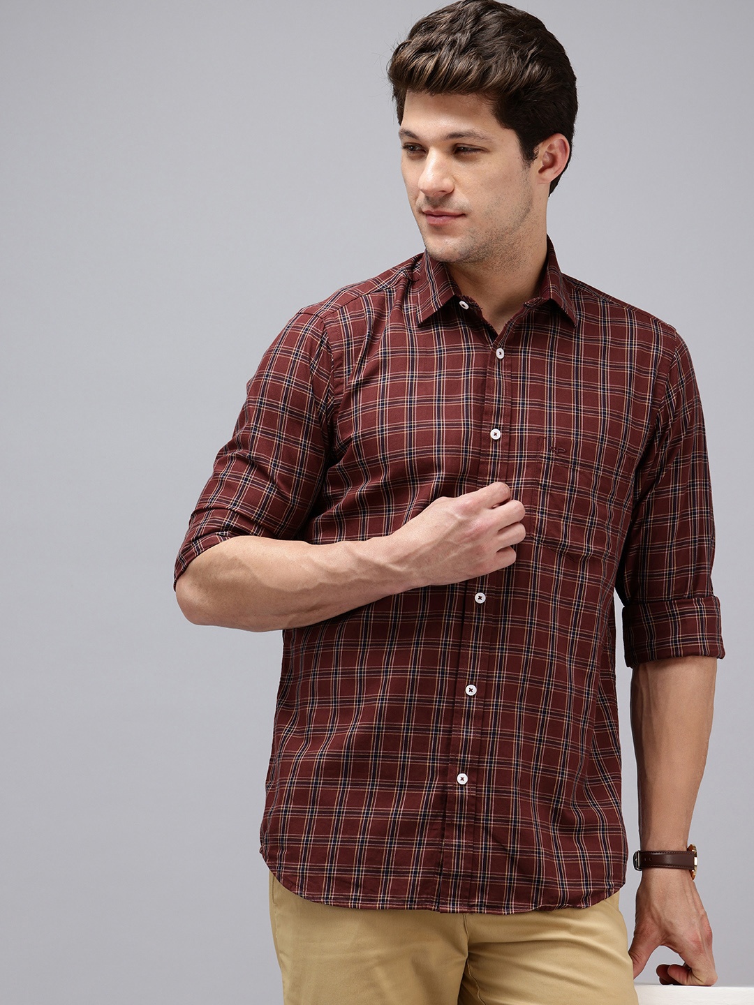 ColorPlus Pure Cotton Tartan Checked Casual Shirt, Maroon