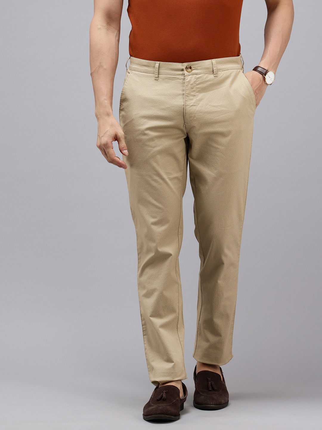 

ColorPlus Men Micro Ditsy Printed Contemporary Fit Chinos Trousers, Beige