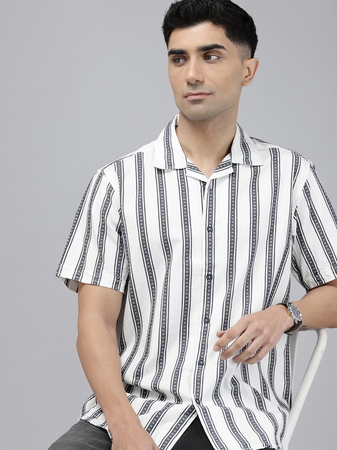 

ColorPlus Tailored Fit Opaque Striped Pure Cotton Casual Shirt, White
