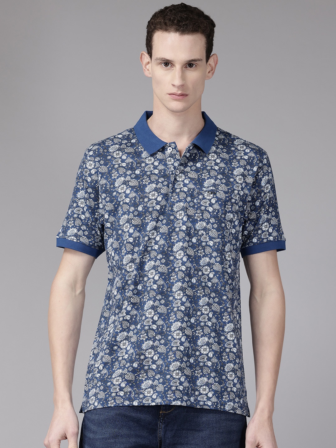 

ColorPlus Floral Print Polo Collar Pure Cotton T-shirt, Navy blue