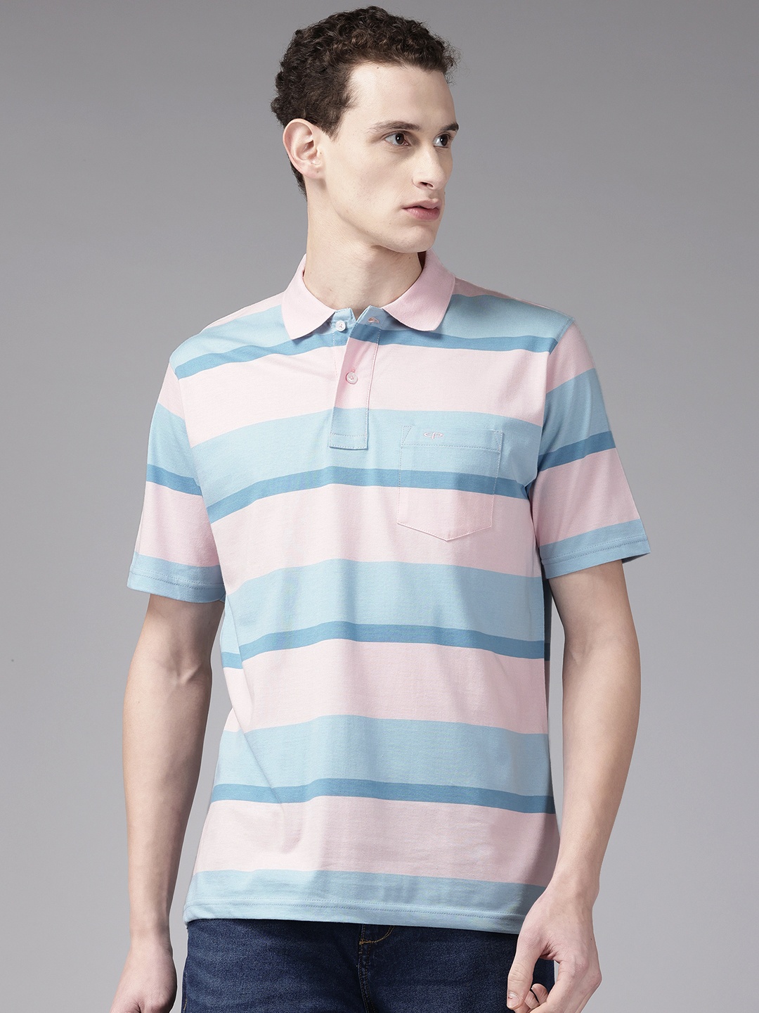 

ColorPlus Striped Polo Collar Pure Cotton T-shirt, Pink