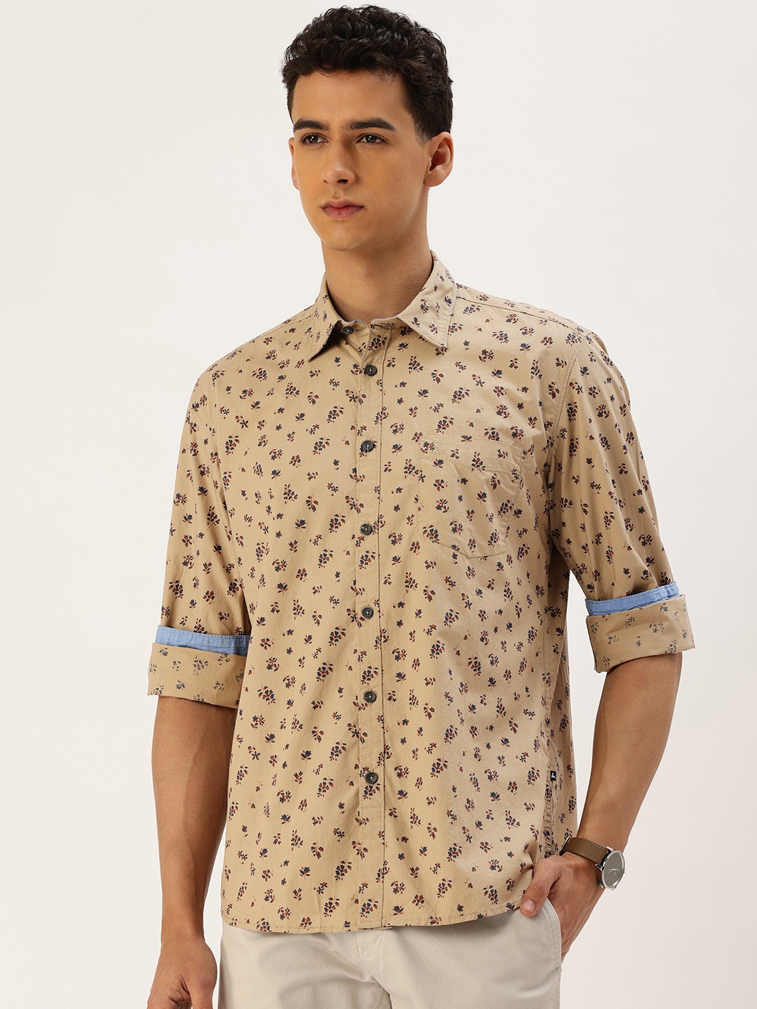 

Parx Pure Cotton Slim Fit Floral Printed Casual Shirt, Beige