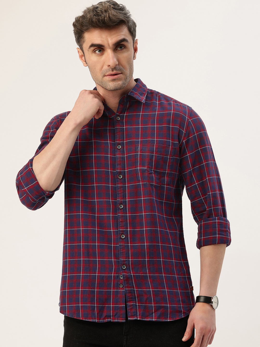 

Parx Pure Cotton Slim Fit Checked Shirt, Red