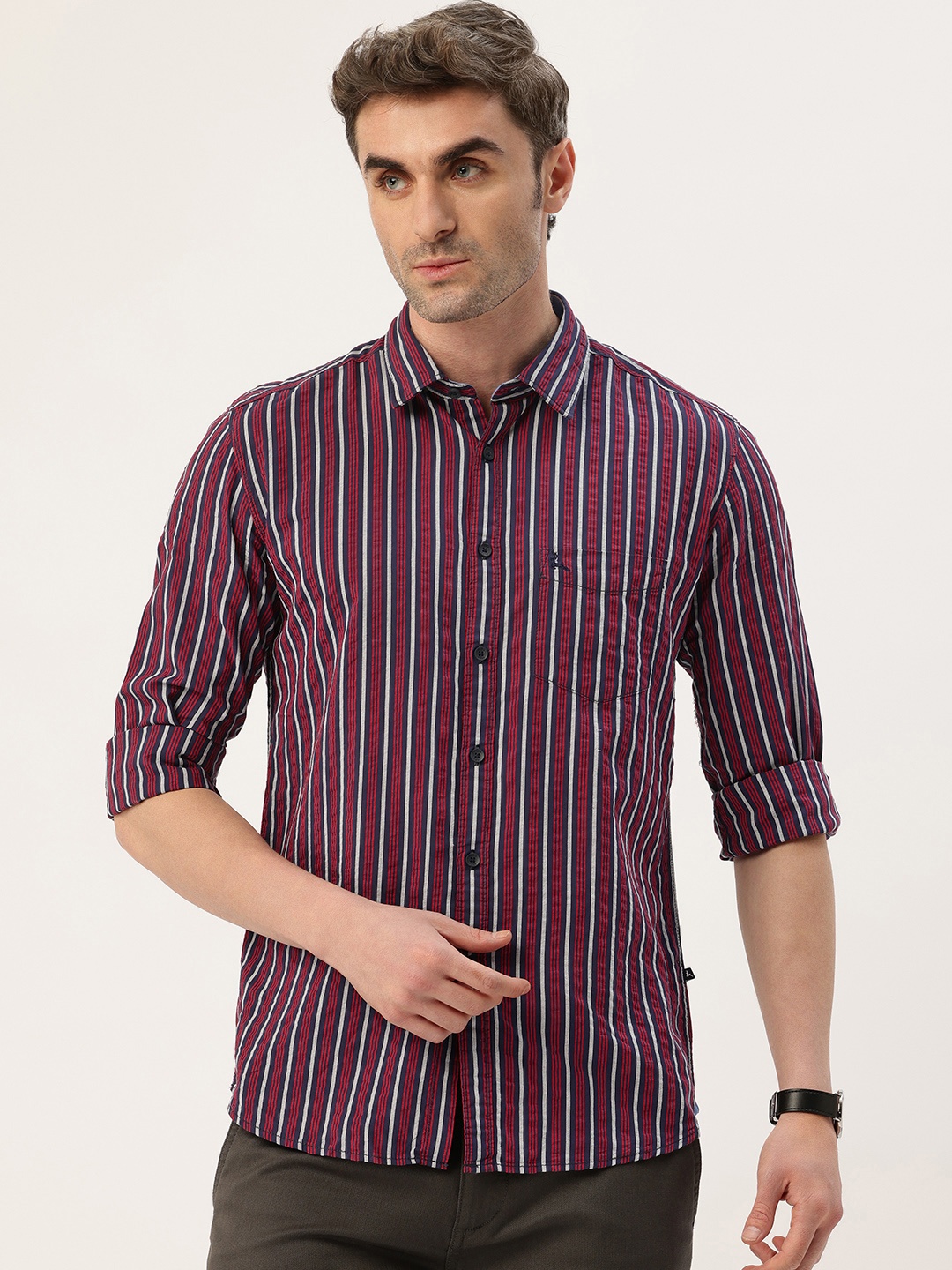 

Parx Slim Fit Vertical Striped Casual Shirt, Red