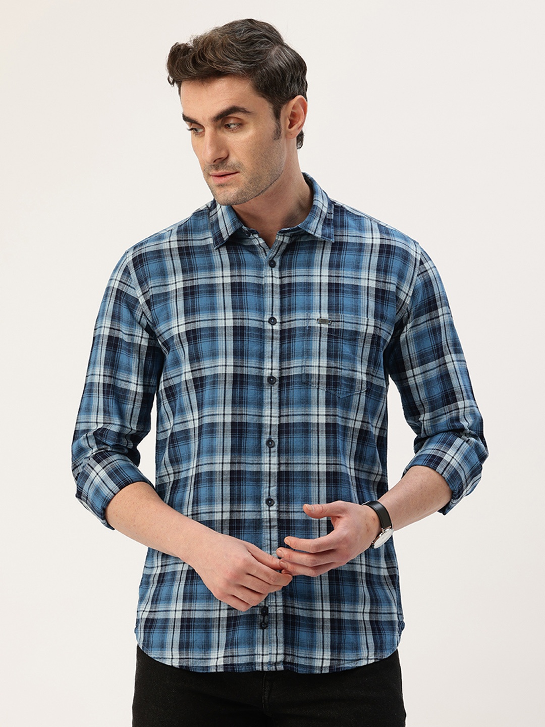 

Parx Slim Fit Opaque Checked Pure Cotton Casual Shirt, Blue