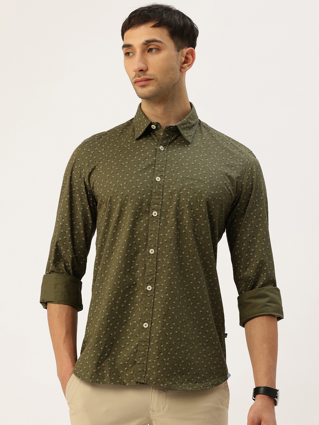

Parx Pure Cotton Slim Fit Floral Printed Casual Shirt, Green