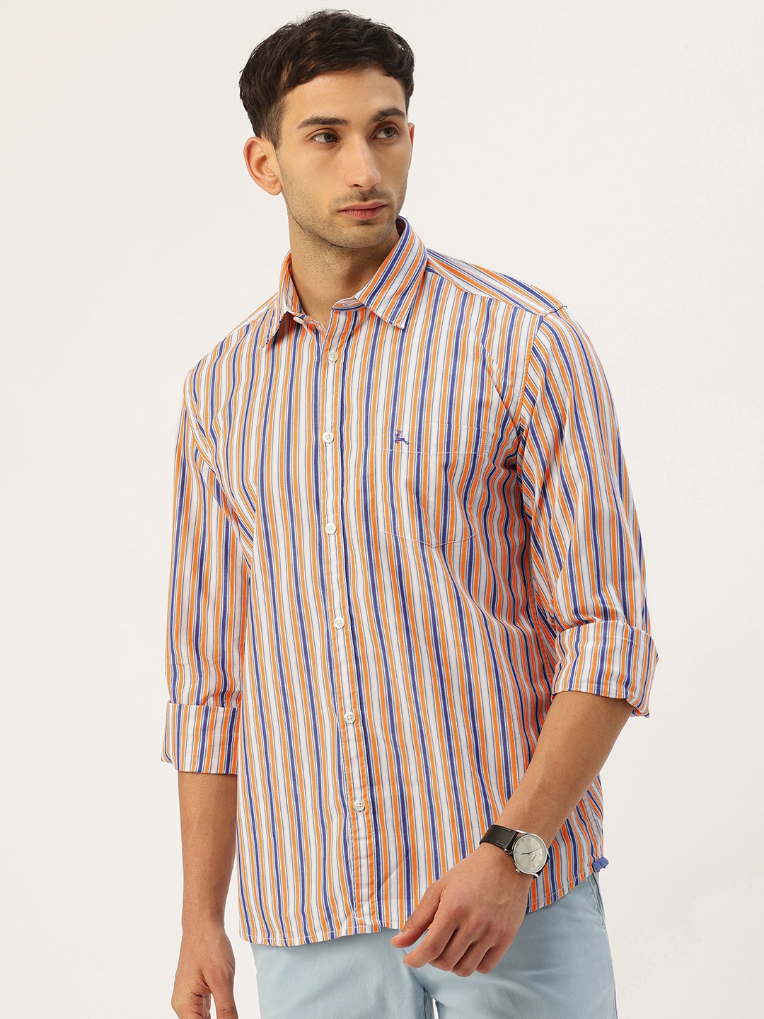 

Parx Slim Fit Striped Pure Cotton Casual Shirt, Orange