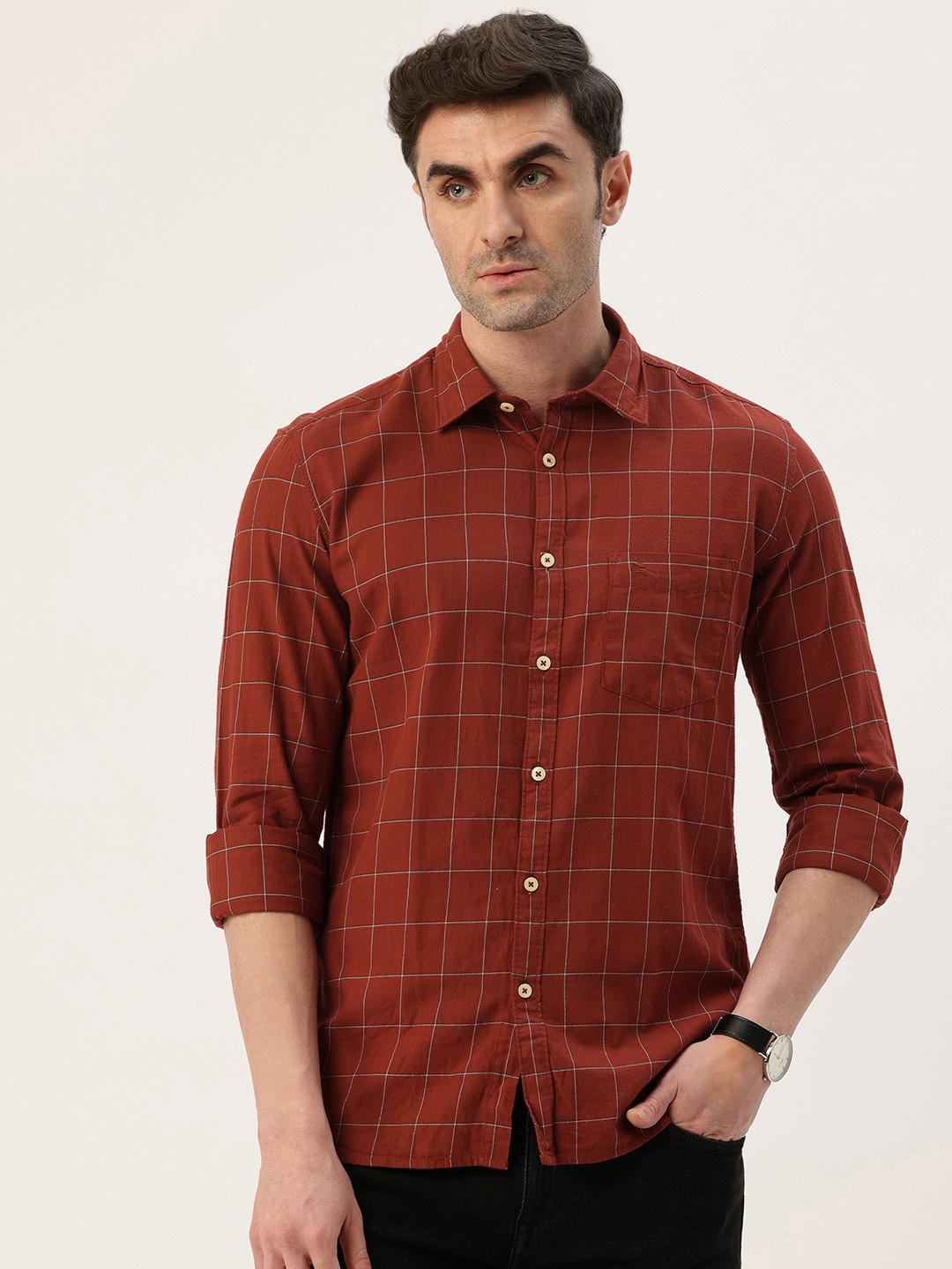 

Parx Slim Fit Windowpane Checks Opaque Pure Cotton Casual Shirt, Red