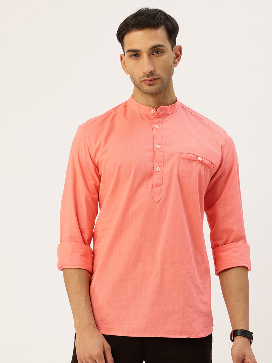 

Parx Slim Fit Mandarin Collar Opaque Pure Cotton Casual Shirt, Peach