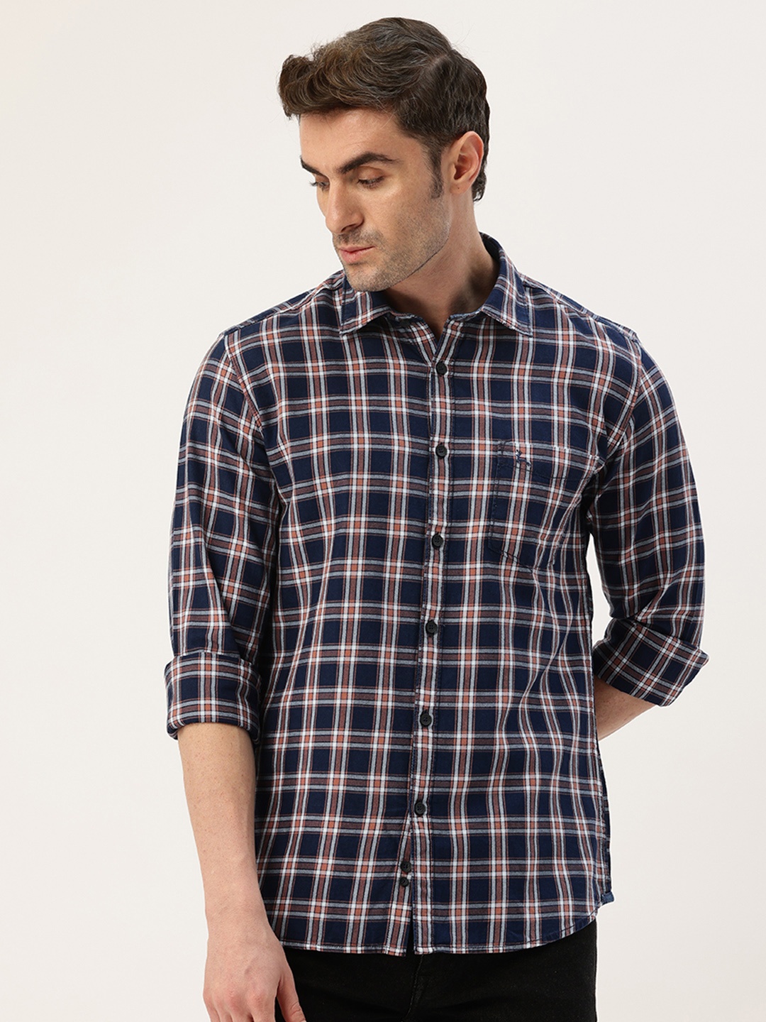 

Parx Slim Fit Opaque Checked Pure Cotton Casual Shirt, Blue