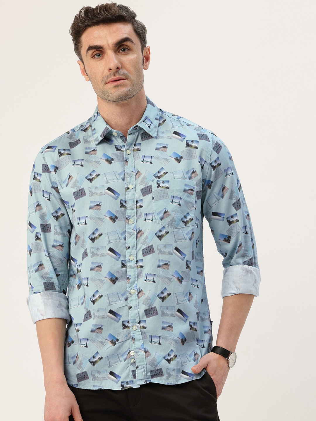 

Parx Slim Fit Opaque Abstract Printed Pure Cotton Casual Shirt, Blue