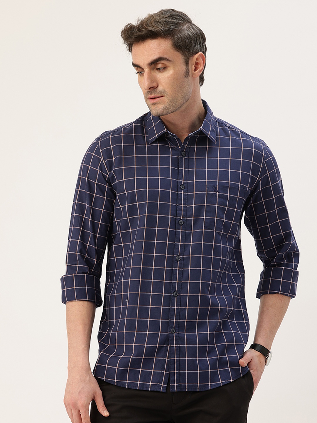 

Parx Slim Fit Windowpane Checks Opaque Casual Shirt, Blue