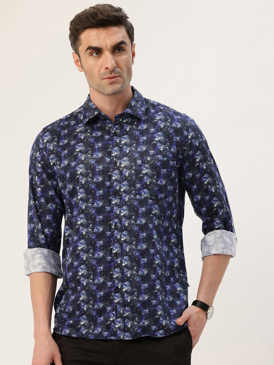 

Parx Slim Fit Opaque Abstract Printed Pure Cotton Casual Shirt, Blue