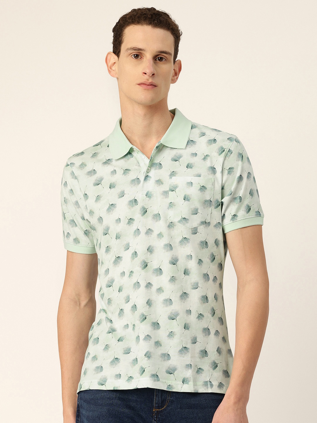 

Parx Floral Print Polo Collar Pure Cotton T-shirt, Green