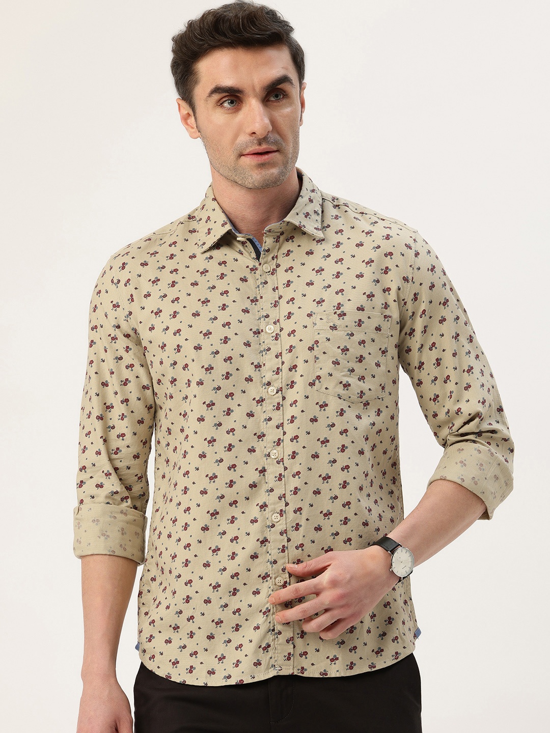 

Parx Pure Cotton Slim Fit Floral Printed Casual Shirt, Beige