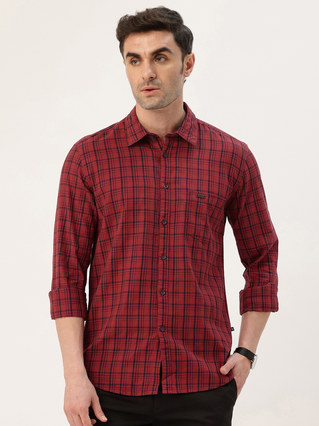 

Parx Slim Fit Checked Opaque Pure Cotton Casual Shirt, Red