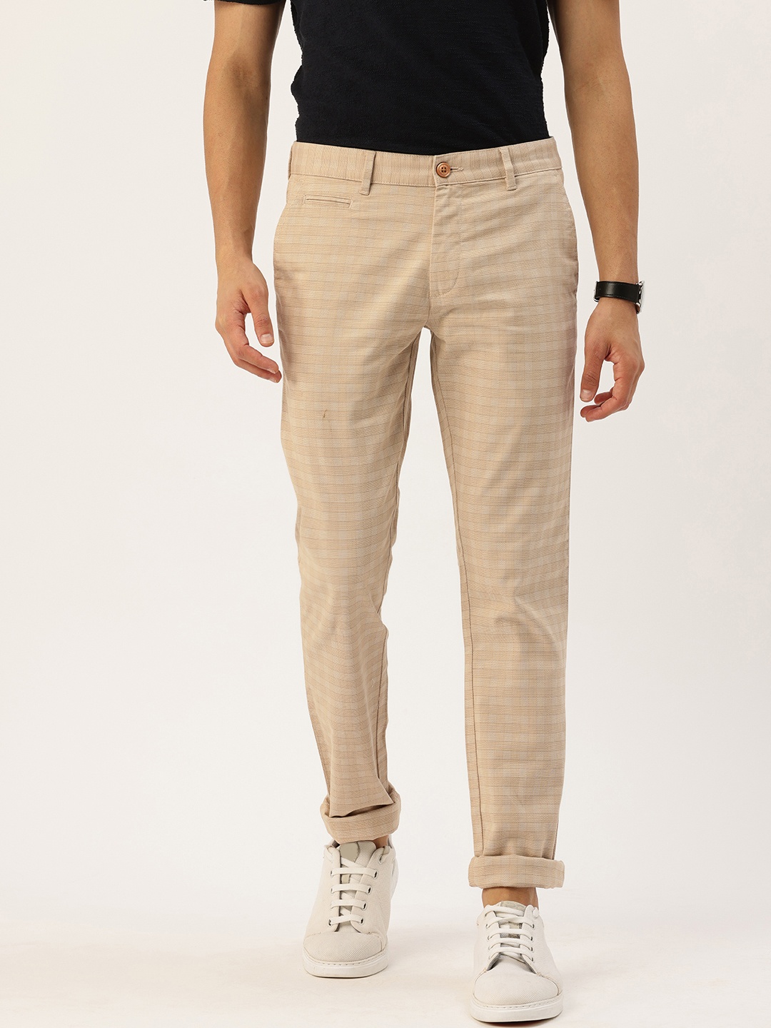 

Parx Men Checked Tapered Fit Casual Trousers, Beige