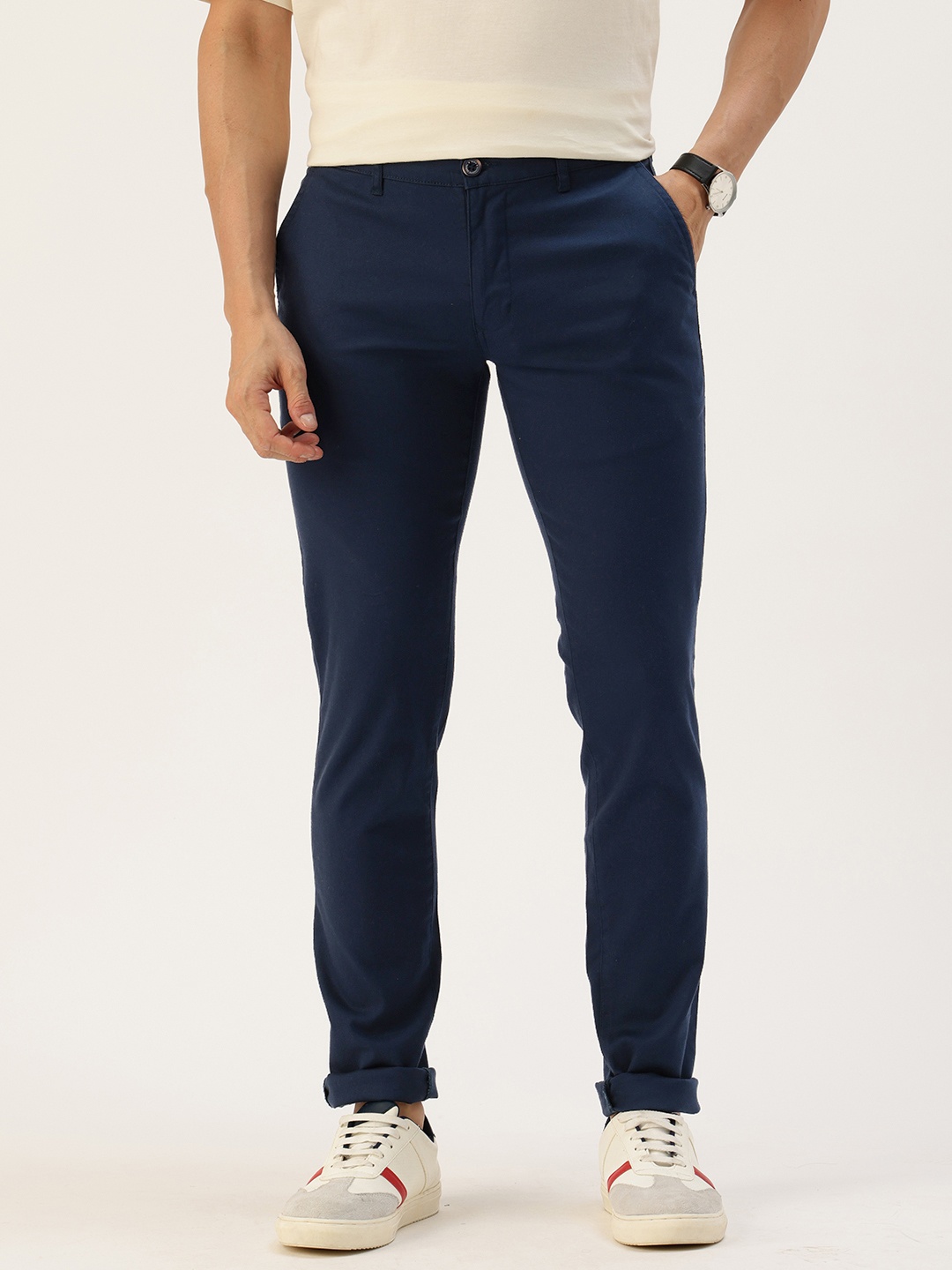 

Parx Men Textured Super Slim Fit Low-Rise Chinos Trousers, Navy blue