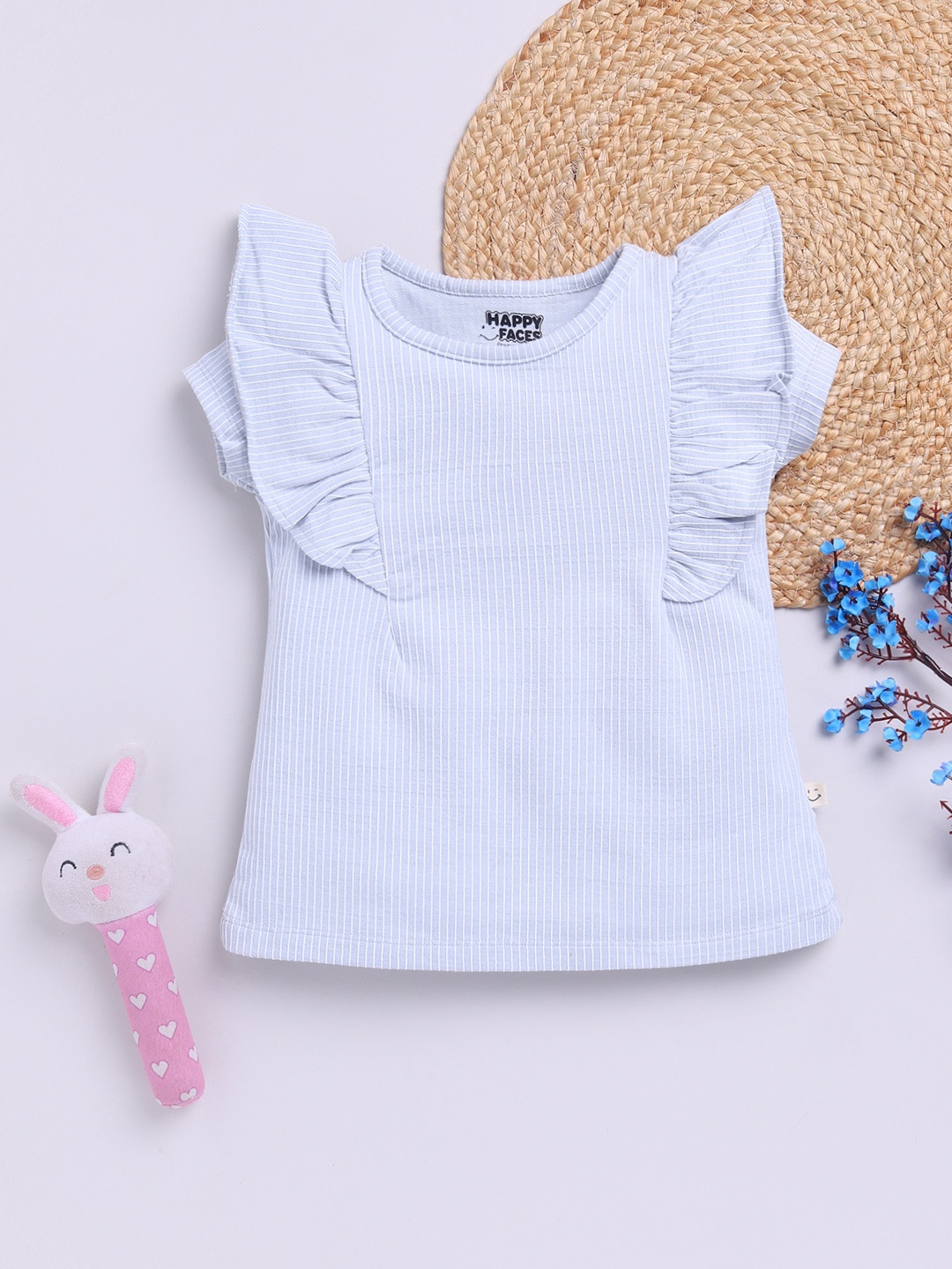 

Happy Faces Girls Striped Ruffles Detail Pure Cotton Top, Grey
