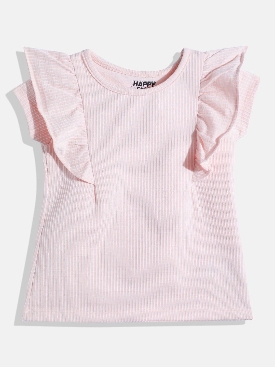 

Happy Faces Girls Striped Ruffles Detail Pure Cotton Top, Peach