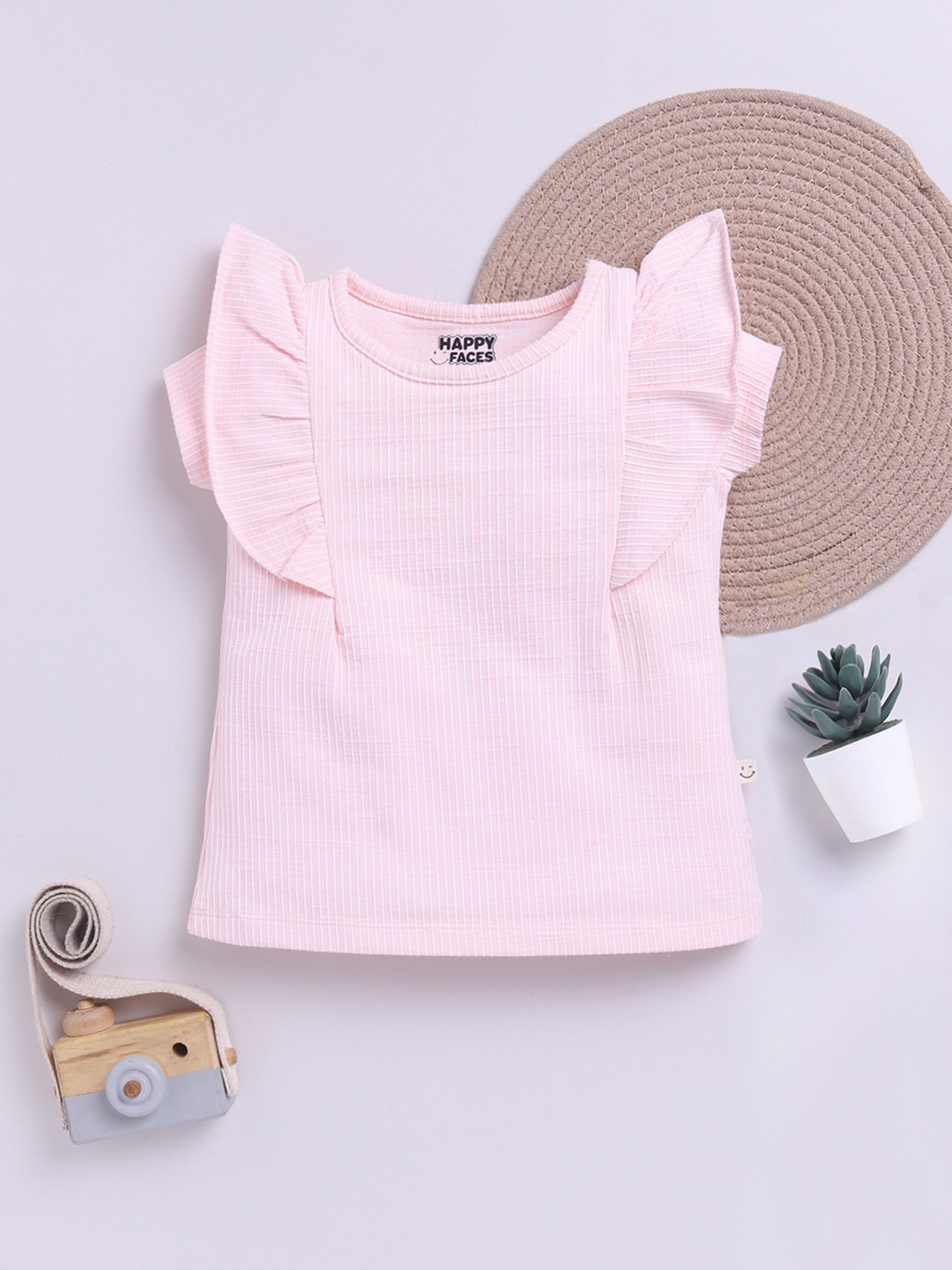 

Happy Faces Girls Striped Ruffles Detail Pure Cotton Top, Peach