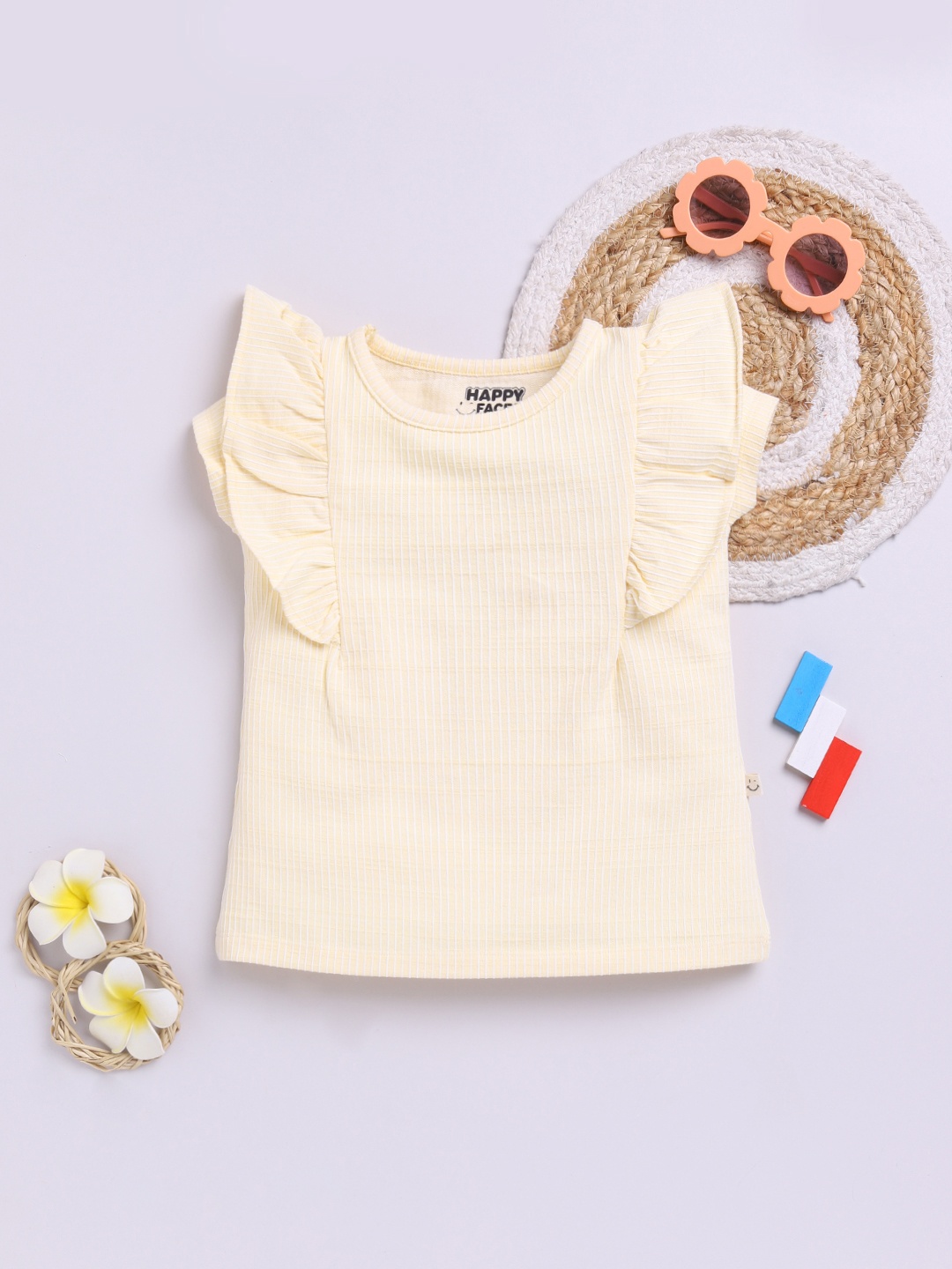 

Happy Faces Girls Striped Ruffles Detail Pure Cotton Top, Yellow