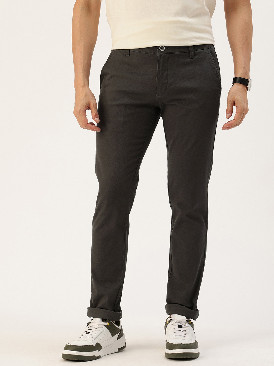 

Parx Men Textured Tapered Fit Low-Rise Chinos Trousers, Grey