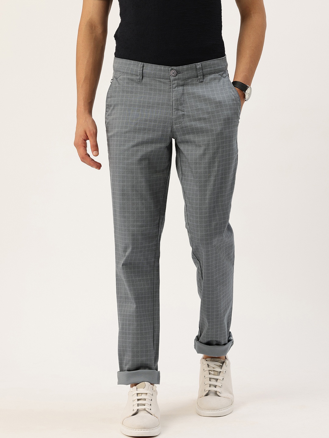 

Parx Men Checked Tapered Fit Casual Trousers, Grey