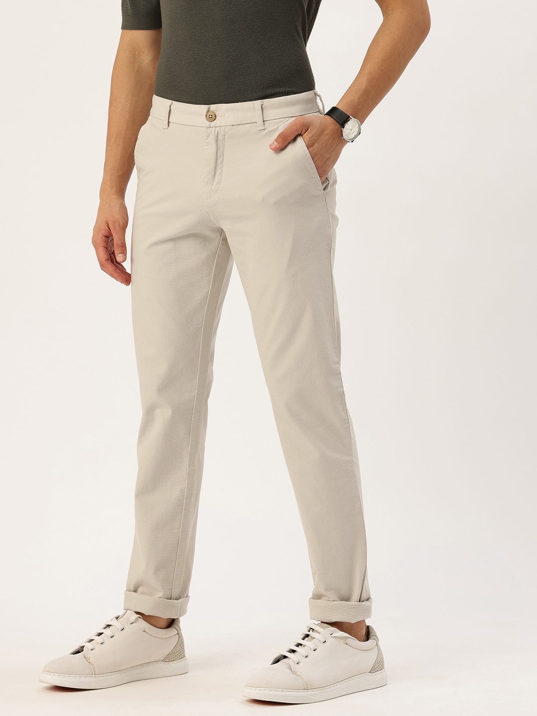 

Parx Men Tapered Fit Self Design Textured Trousers, Beige