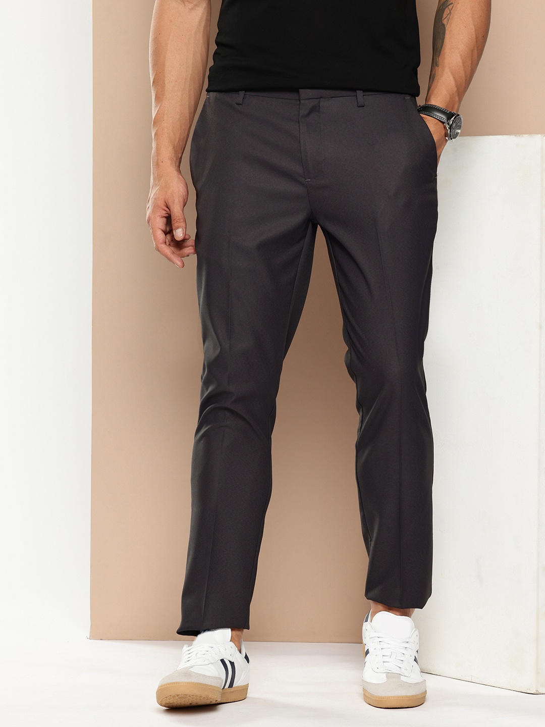 

encore by INVICTUS Men Textured Trousers, Charcoal
