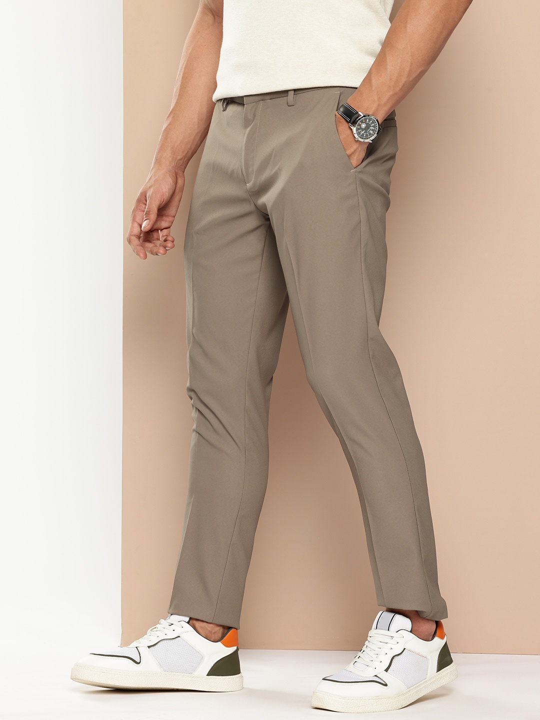 

encore by INVICTUS Men Textured Trousers, Taupe