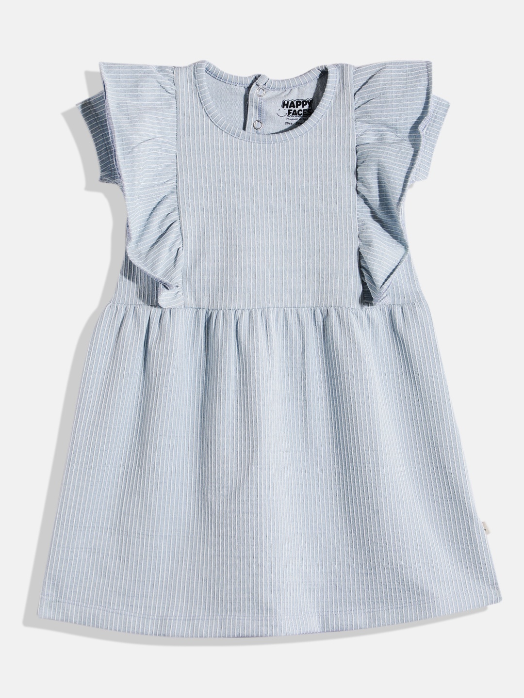 

Happy Faces Girls Striped Ruffled Fit & Flare Pure Cotton Dress, Blue