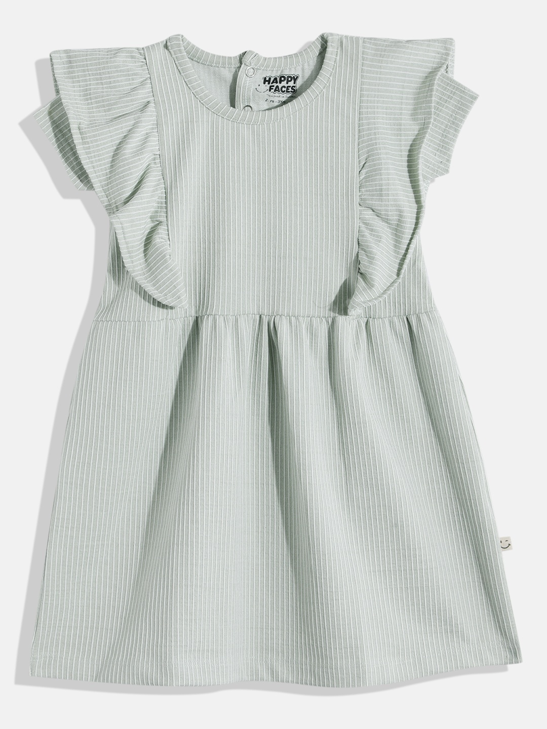 

Happy Faces Girls Striped Ruffled Fit & Flare Pure Cotton Dress, Green