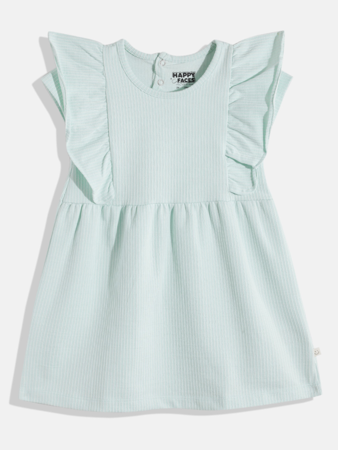 

Happy Faces Girls Striped Ruffled Fit & Flare Pure Cotton Dress, Green