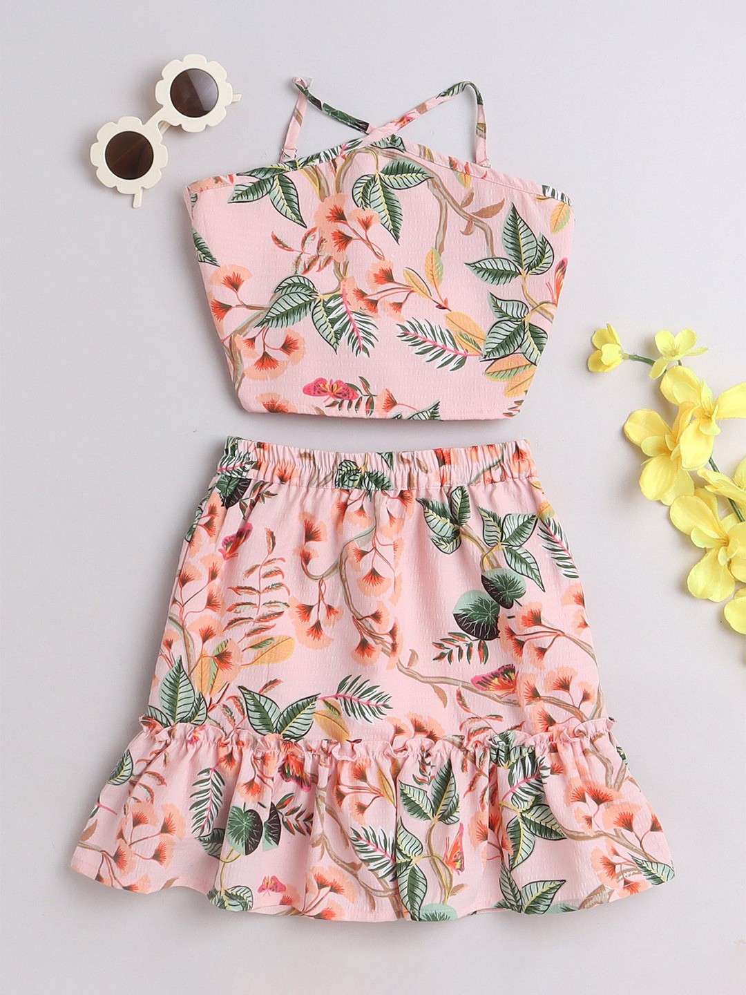 

taffykids Girls Printed Top with Skirt, Peach