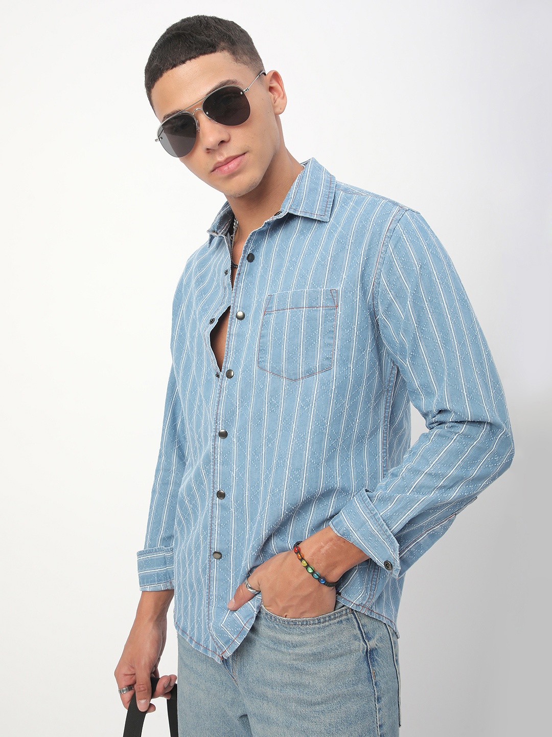 

VASTRADO Men Classic Slim Fit Opaque Striped Casual Shirt, Blue