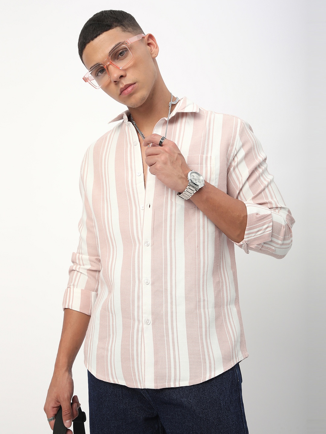 

VASTRADO Men Classic Slim Fit Multi Stripes Opaque Striped Casual Shirt, Pink