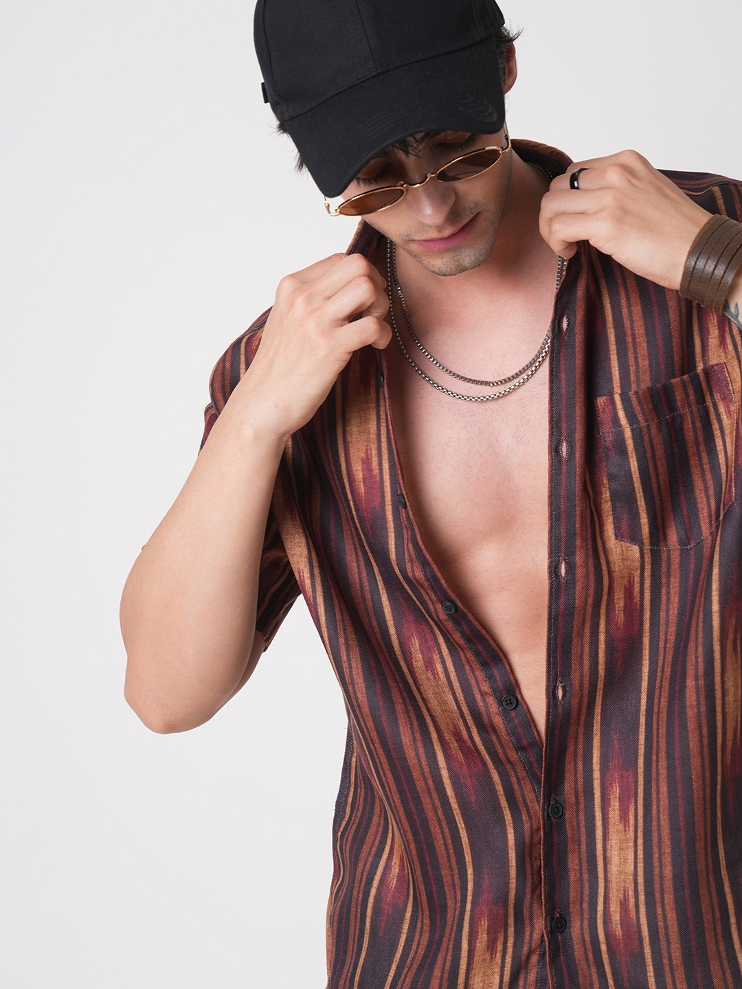 

VASTRADO Men Classic Slim Fit Multi Stripes Opaque Striped Casual Shirt, Brown