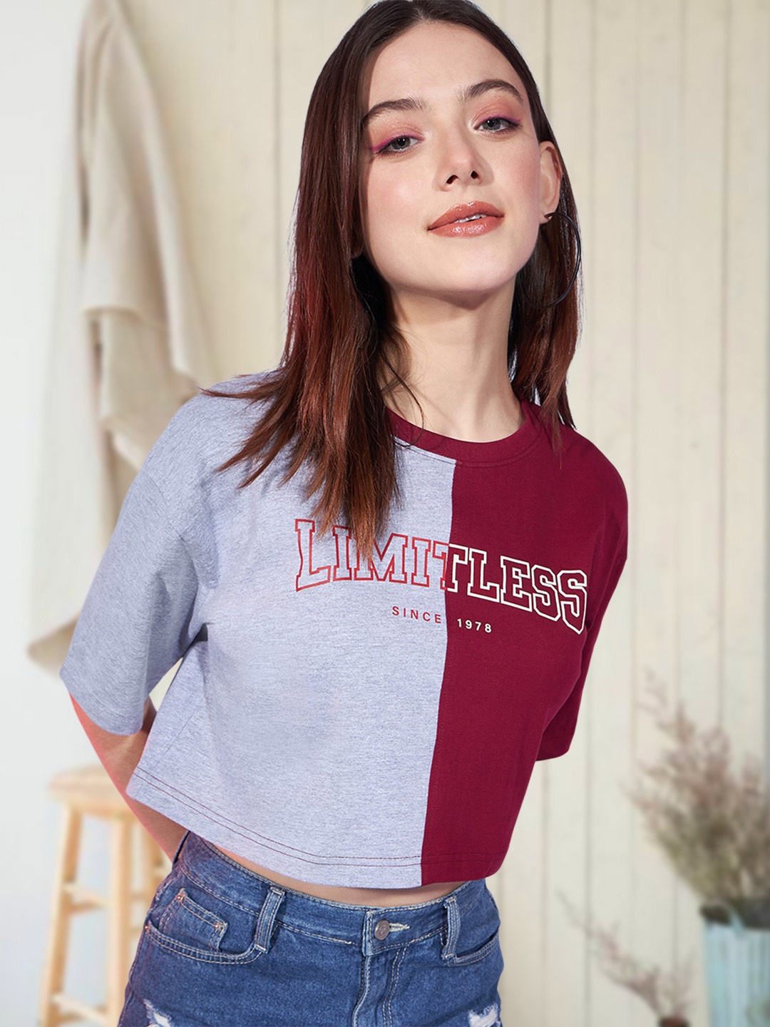 

DressBerry Colourblocked Cotton Crop Top, Maroon