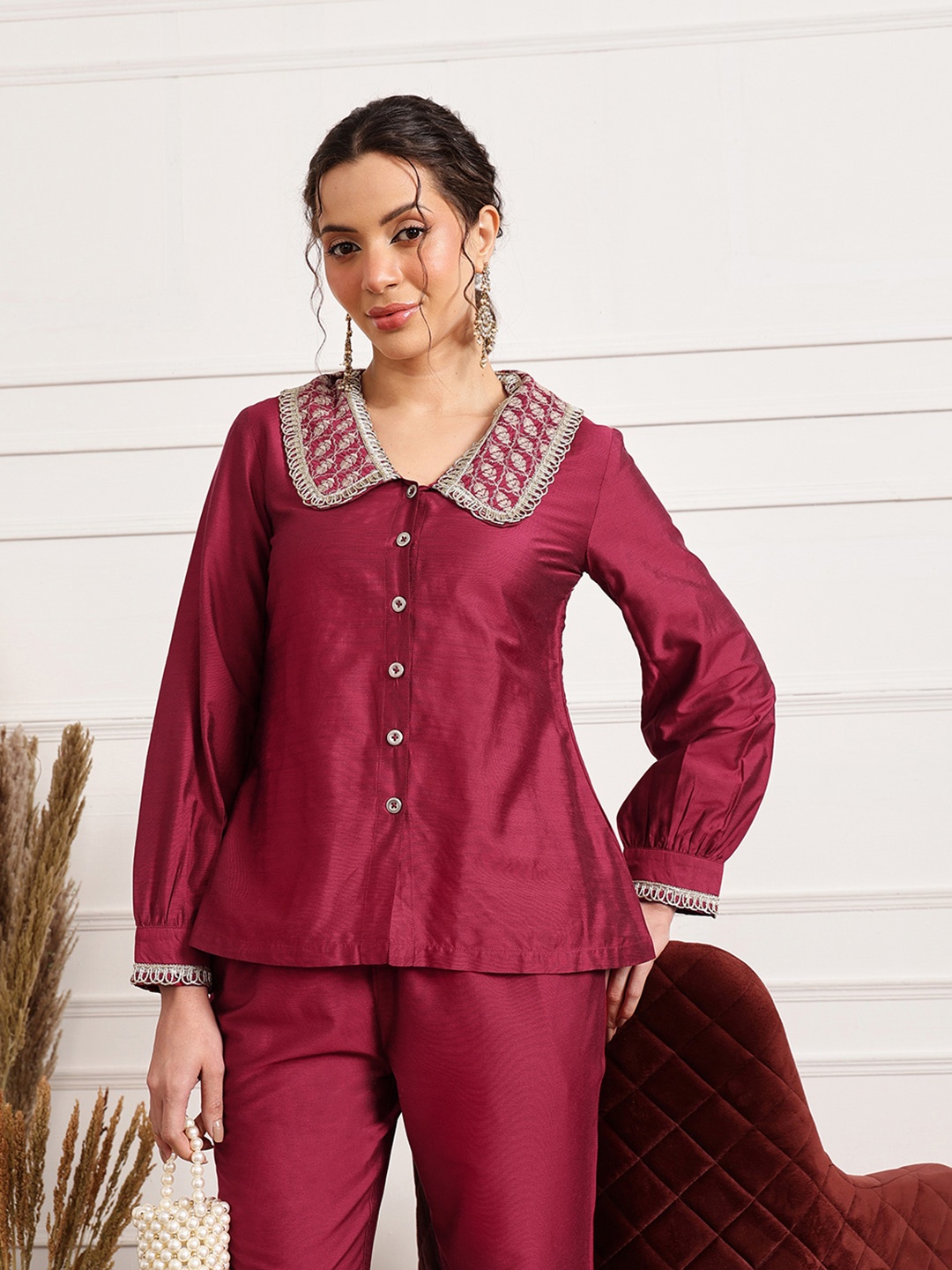 

HOUSE OF S Self Design Shirt & Trousers Co-Ord, Red