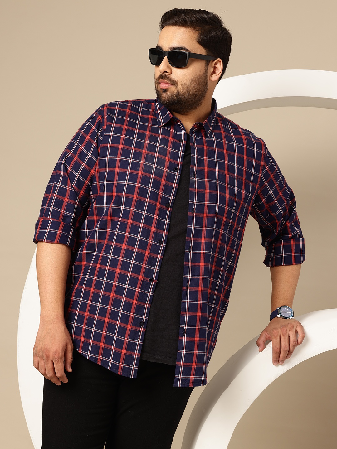 

Sztori Plus Size Premium Checked Pure Cotton Casual Shirt, Navy blue