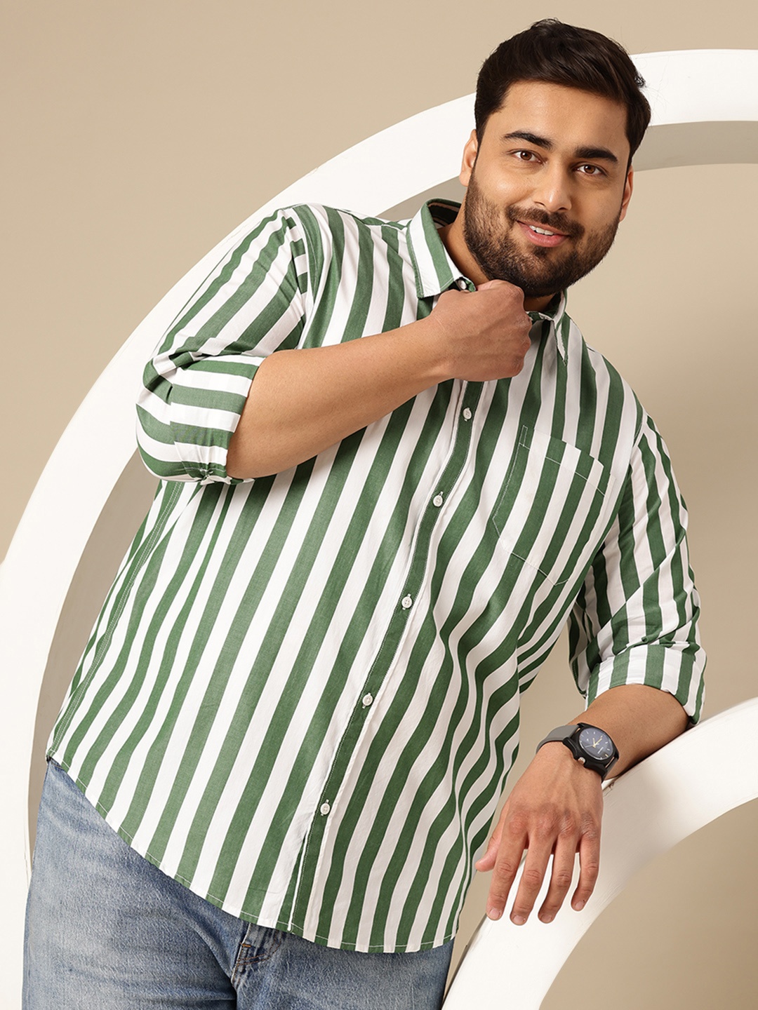 

Sztori Plus Size Premium Striped Pure Cotton Casual Shirt, Green